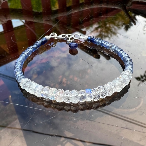 Solid 14K White Gold Natural Blue Sapphire, Moonstone Bracelet 7" - 7 2/3" - Picture 5 of 13